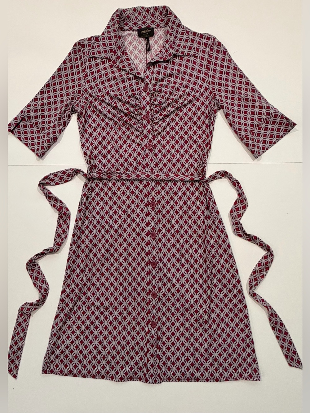Laundry by Shelli Segal Burgundy Geometric Ruffle Shirt Dress Size 8
